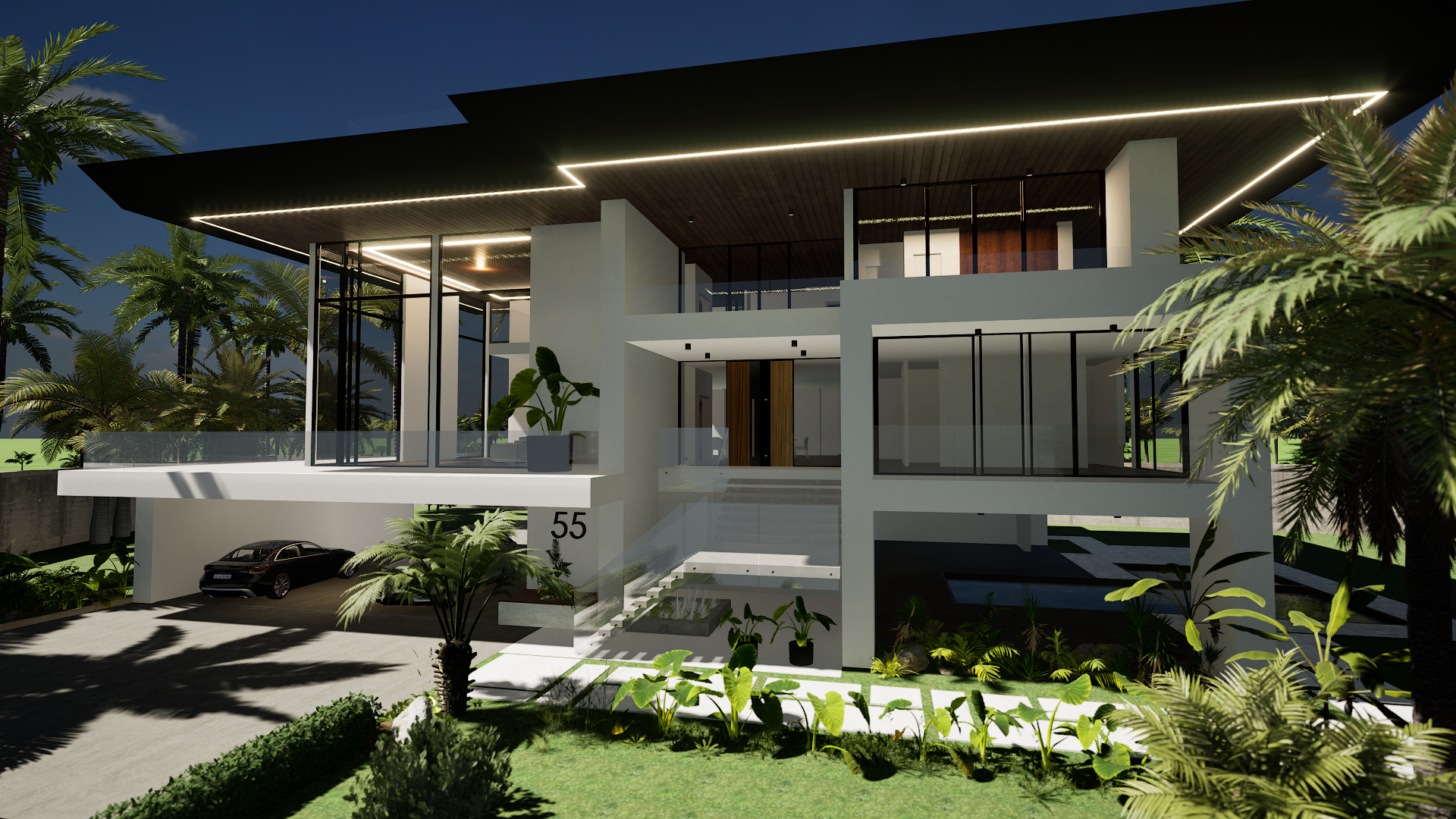 A low-angle shot of a tropical modern architectural home at night. The structure showcases a cantilevered design, a mix of white stucco and glass walls, an illuminated overhanging roof, and the house number 