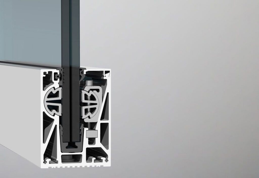 Cutaway render of the Brisk M10 aluminum base shoe holding laminated glass with adjustable setting blocks