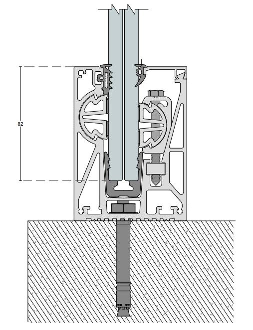 Section drawing of the Brisk M10 base shoe with laminated glass and slab anchor