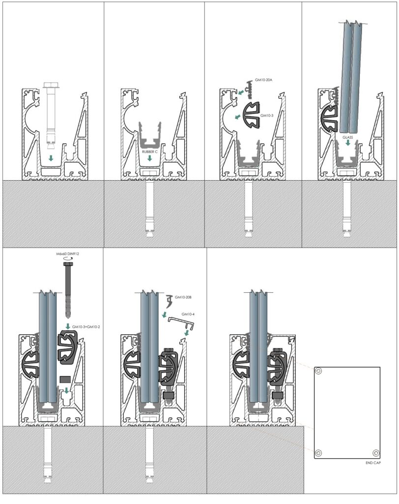 Step-by-step installation diagram of the Brisk M10 base shoe glass railing, from anchor to end cap