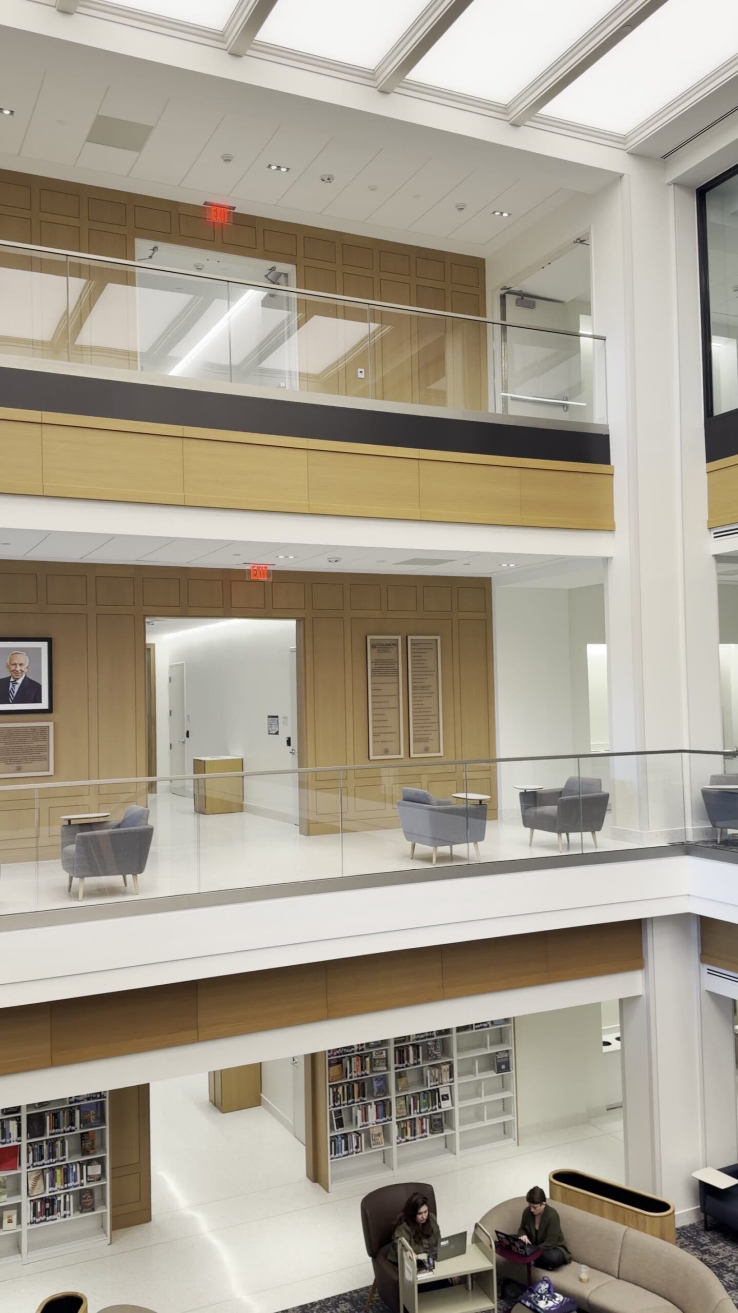 Glass guardrails at the upper levels of the Villanova library atrium