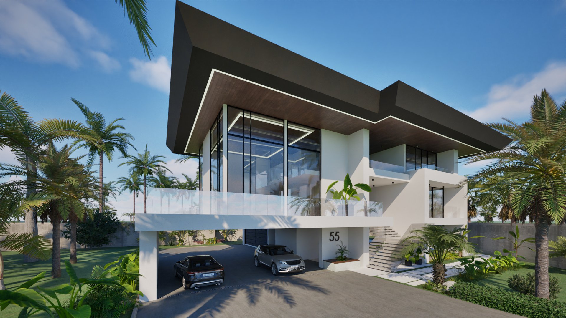 Rendering of the featured modern home exterior with palm trees and a cantilevered roof
