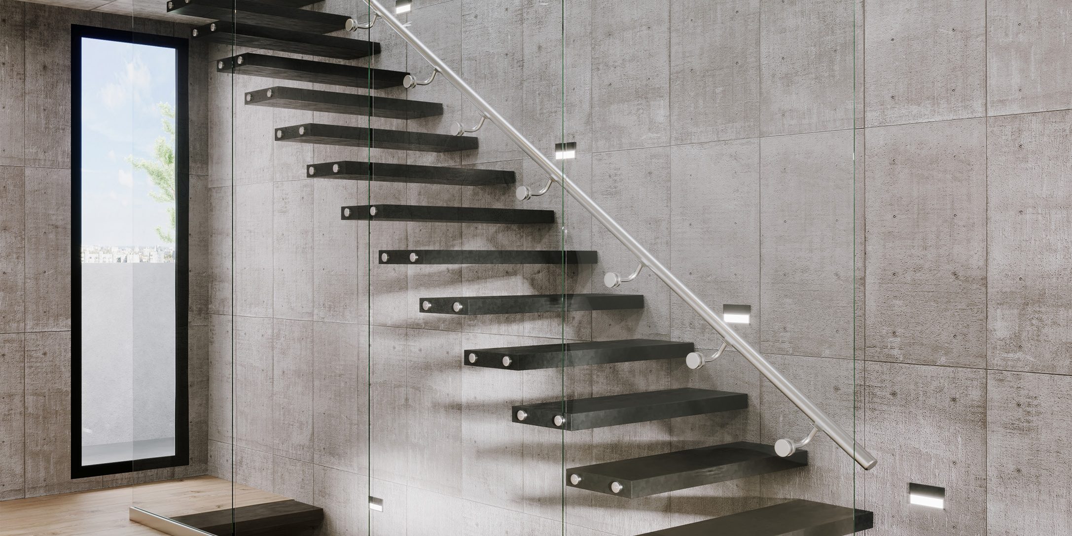 BRISK glass railing on a floating stair